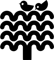 Mark 499: Tree whose crown is layered black waves with two birds on top. Trees, designed by Yasumasa Yoshioka for Senshukai. Trademarks & Symbols Vol. 2, Kuwayama, 1973.
