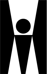 Mark 5: Round headed figure standing between two tall columns, arms raised. Human figures, designed by Mario Trüb for Jugendhaus. Trademarks & Symbols Vol. 2, Kuwayama, 1973.