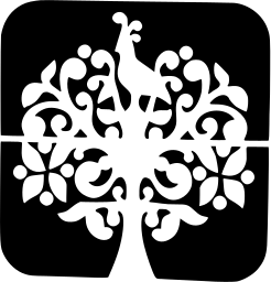 Mark 500: Ornate white tree of scrolls and flowers with a bird, on a black rounded square. Trees, designed by Clarence Lee for Paradise Park. Trademarks & Symbols Vol. 2, Kuwayama, 1973.