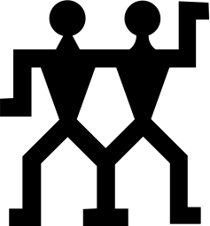 Mark 51: Two blocky figures built from angular bars, arm in arm, one raising a hand. Human figures, designed by Wilhelm Deffke for J.A.Henckels. Trademarks & Symbols Vol. 2, Kuwayama, 1973.