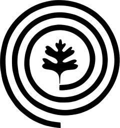 Mark 514: Small oak leaf at the centre of a wide spiral line. Trees, designed by Saul Bass & Assoc. for Oakbrook Terrace Shopping Center. Trademarks & Symbols Vol. 2, Kuwayama, 1973.