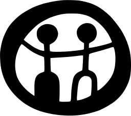 Mark 53: Two stick like figures with round heads joined by a curved band inside a thick uneven ring. Human figures, designed by Lars Bramberg for Nordiska Mässor. Trademarks & Symbols Vol. 2, Kuwayama, 1973.