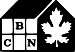 Mark 532: House with letters B, C and N in white windows and a white maple leaf. Architecture, designed by Larry Klein for Canadian Building News. Trademarks & Symbols Vol. 2, Kuwayama, 1973.