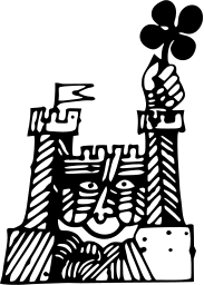 Mark 534: Engraved castle with a face in the gate and a clover held aloft. Architecture, designed by Do Weller for O’Shaughnessy’s. Trademarks & Symbols Vol. 2, Kuwayama, 1973.