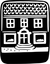 Mark 535: Townhouse with a tiled roof and a porched door in a rounded black square. Architecture, designed by Gerhard Kreische. Trademarks & Symbols Vol. 2, Kuwayama, 1973.