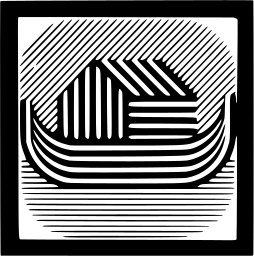 Mark 547: Viking ship in a hatched engraving style inside a square. Conveyances, designed by Theo Manson for Rhodiatoce S.P.A. Trademarks & Symbols Vol. 2, Kuwayama, 1973.