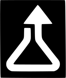 Mark 555: White conical flask with an arrow rising from its neck on a black square. Tools, designed by Lester Beall for Rohm and Haas. Trademarks & Symbols Vol. 2, Kuwayama, 1973.