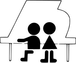 Mark 57: Outline of a grand piano with a boy and a girl seated side by side at the keys. Human figures, designed by Keiko Hirohashi for Yaesu Piano Company. Trademarks & Symbols Vol. 2, Kuwayama, 1973.