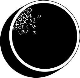 Mark 577: Black disc with a crescent shadow and scattered small letters at its top left. Tools, designed by Peter Bradford for Urban Writers Society. Trademarks & Symbols Vol. 2, Kuwayama, 1973.