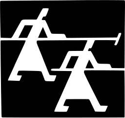 Mark 58: Two angular figures in running poses cut by white horizontal bands on a black square. Human figures, designed by Max Koerner. Trademarks & Symbols Vol. 2, Kuwayama, 1973.