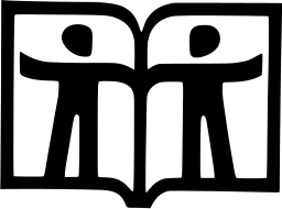 Mark 59: Open book containing two figures with arms stretched wide. Human figures, designed by Michel Olyff for Books for All. Trademarks & Symbols Vol. 2, Kuwayama, 1973.