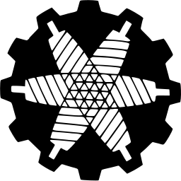 Mark 597: Cogwheel containing crossed thread spools in a six point star. Tools, designed by Hermann Bongard for Den Norsks Papitiltfabrik. Trademarks & Symbols Vol. 2, Kuwayama, 1973.