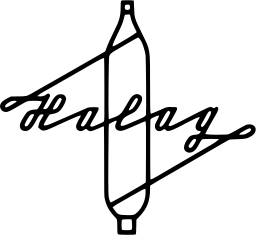 Mark 598: Thread spool crossed by the handwritten word Halag. Tools, designed by Hermann Eidenbenz for Halag. Trademarks & Symbols Vol. 2, Kuwayama, 1973.