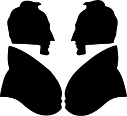 Mark 60: Two black silhouettes of men in profile facing each other with high collars. Human figures, designed by John Gibbs+Gus Hunnybun for De La Rue. Trademarks & Symbols Vol. 2, Kuwayama, 1973.