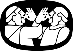 Mark 61: Two pairs of heads with raised hands drawn in thick lines inside a black rounded oval. Human figures, designed by Karl Hohrath for F.J.Mampe with the Monks. Trademarks & Symbols Vol. 2, Kuwayama, 1973.