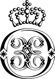 Mark 617: Jeweled crown above an ornate looped monogram in a round shield. Tools, designed by Milner Gray & Design Research Unit for P. & O.Orient Lines. Trademarks & Symbols Vol. 2, Kuwayama, 1973.