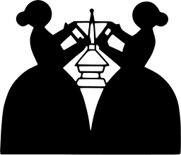 Mark 62: Two long skirted women with hair buns facing each other across a tiered spire. Human figures, designed by Hans Ernst Rietzschel. Trademarks & Symbols Vol. 2, Kuwayama, 1973.