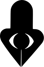 Mark 624: Broad pen nib in black with a white eye cut in its centre. Tools, designed by Loos Adrian Design Studio for Adrian Loos Design. Trademarks & Symbols Vol. 2, Kuwayama, 1973.