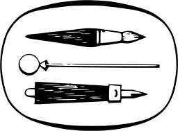 Mark 628: Paintbrush, compass and pen laid in a row inside an oval. Tools, designed by Geo Mayhew for Sign & Display. Trademarks & Symbols Vol. 2, Kuwayama, 1973.
