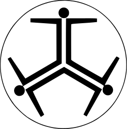 Mark 63: Thin ring around three figures with round heads joined at their feet into a three armed Y. Human figures, designed by Arthur Leydin for Kurt Von Wolff. Trademarks & Symbols Vol. 2, Kuwayama, 1973.