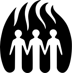Mark 64: Three outlined figures holding hands beneath tall black flames. Human figures, designed by Kenneth Bromfield for Asbestos Co. Trademarks & Symbols Vol. 2, Kuwayama, 1973.