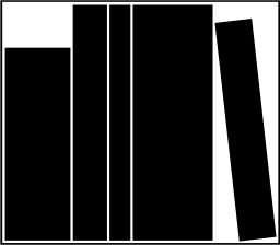Mark 643: Row of black book spines in a thin frame, one leaning. Tools, designed by Jost Hochuli for Fehr’sche Buchhadlung. Trademarks & Symbols Vol. 2, Kuwayama, 1973.