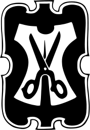 Mark 659: Scissors cutting a garment shape in an ornate black cartouche. Tools, designed by Meier Menzel & Gatz. Trademarks & Symbols Vol. 2, Kuwayama, 1973.