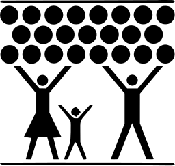 Mark 66: Man, woman and child with raised arms holding up a canopy of black dots between two rules. Human figures, designed by Toru Otsuka. Trademarks & Symbols Vol. 2, Kuwayama, 1973.