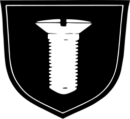 Mark 662: White threaded screw with a flat head inside a black shield. Tools, designed by Herbert Leupin. Trademarks & Symbols Vol. 2, Kuwayama, 1973.