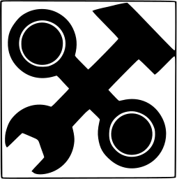 Mark 664: Crossed hammer and spanner in black inside a thin square. Tools, designed by Jan Rajlich. Trademarks & Symbols Vol. 2, Kuwayama, 1973.
