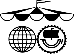 Mark 675: Striped awning with a flag above a globe and a ship in a cogged seal. Tools, designed by Steve Madden for California International Trade Fair. Trademarks & Symbols Vol. 2, Kuwayama, 1973.