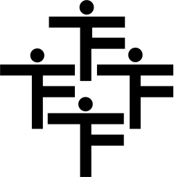 Mark 68: Five T shaped figures with round heads linked at their ends into a branching cross. Human figures, designed by Peter Kräuchi for Swiss Gymnastic Association. Trademarks & Symbols Vol. 2, Kuwayama, 1973.