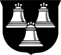 Mark 682: Three church bells arranged on a black heraldic shield. Tools, designed by Meier Menzel+Gats. Trademarks & Symbols Vol. 2, Kuwayama, 1973.