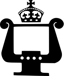 Mark 688: Lyre with curled arms topped by a crown, with four dots on its base. Tools, designed by F.H.K. Henrion for Royal Festival Hall. Trademarks & Symbols Vol. 2, Kuwayama, 1973.