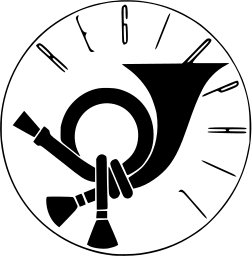 Mark 695: Post horn with a bugle inside a thin ring of spaced letters. Tools, for Subscription. Trademarks & Symbols Vol. 2, Kuwayama, 1973.