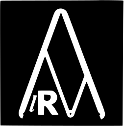 Mark 697: White drafting dividers forming an A shape with the letter R at the foot, on black. Tools, designed by Albe Steiner for La Rinascente. Trademarks & Symbols Vol. 2, Kuwayama, 1973.