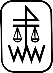 Mark 699: Balance scales over two zigzag W letters in a rounded rectangle. Tools, designed by Walter Leonhalt. Trademarks & Symbols Vol. 2, Kuwayama, 1973.
