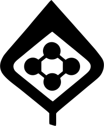 Mark 724: Four linked atoms in white inside a black diamond leaf shape. Tools, designed by Charles Mcmrray+FGomez & Latham Tyler & Jensen Inc., for Archer Daniels Midland Company. Trademarks & Symbols Vol. 2, Kuwayama, 1973.