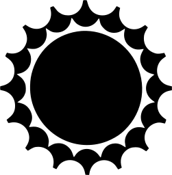 Mark 735: Solid black disc with a scalloped frill of small rounded teeth. Heavenly bodies, designed by Yusaku Kamekura for Taiyo Bank. Trademarks & Symbols Vol. 2, Kuwayama, 1973.