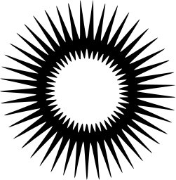 Mark 742: Ring of many fine spikes forming a hollow sunburst. Heavenly bodies, designed by Yusaku Kamekura for Japanese National Committee of World Power Conference. Trademarks & Symbols Vol. 2, Kuwayama, 1973.