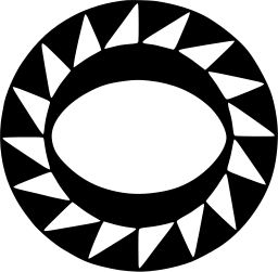 Mark 744: Ring of white triangles around an oval opening inside a black disc. Heavenly bodies, designed by Albe Steiner for Camadis S.p.A. Trademarks & Symbols Vol. 2, Kuwayama, 1973.