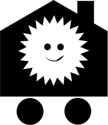 Mark 745: Black house on two wheels with a smiling white sun on its front. Heavenly bodies, designed by Louis Danziger for Sun-dormer International. Trademarks & Symbols Vol. 2, Kuwayama, 1973.