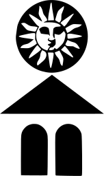 Mark 746: Small sun face above a triangle roof and a pair of arched doors. Heavenly bodies, designed by Churchill & Holmes for Rentavilla. Trademarks & Symbols Vol. 2, Kuwayama, 1973.
