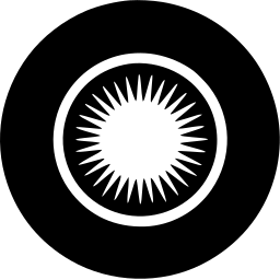 Mark 747: Fine white rays of a sun inside a ring in a thick black disc. Heavenly bodies, designed by Yusaku Kamekura for Kinyo. Trademarks & Symbols Vol. 2, Kuwayama, 1973.