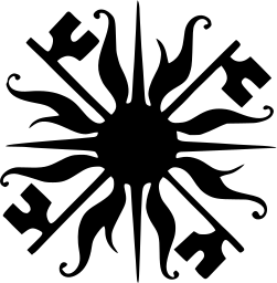 Mark 750: Sun with fine rays and four keys pointing out diagonally. Heavenly bodies, designed by Pierre Comte. Trademarks & Symbols Vol. 2, Kuwayama, 1973.