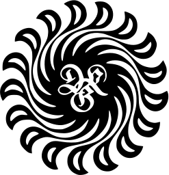 Mark 760: Swirling sun of curved rays around an ornate script monogram. Heavenly bodies, for Artists Society of Darmstadt. Trademarks & Symbols Vol. 2, Kuwayama, 1973.