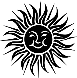Mark 761: Smiling sun face with long spiky rays and curling tips. Heavenly bodies. Trademarks & Symbols Vol. 2, Kuwayama, 1973.