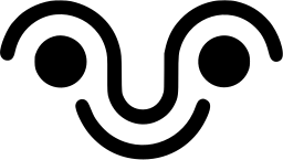 Mark 77: Two dot eyes under curling brows above a wide smiling curve, drawn in one bold line. Faces, designed by Kenichi Yoshioka for Project. Trademarks & Symbols Vol. 2, Kuwayama, 1973.