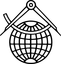 Mark 772: Globe of fine grid lines under an open drafting compass. Heavenly bodies, for Kummerly & Frey Bern. Trademarks & Symbols Vol. 2, Kuwayama, 1973.