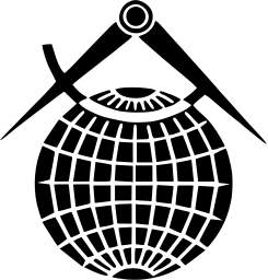 Mark 773: Dense gridded globe topped by an open compass with a round pivot. Heavenly bodies, designed by Walter Herdeg for Map Printing & Publishing House. Trademarks & Symbols Vol. 2, Kuwayama, 1973.